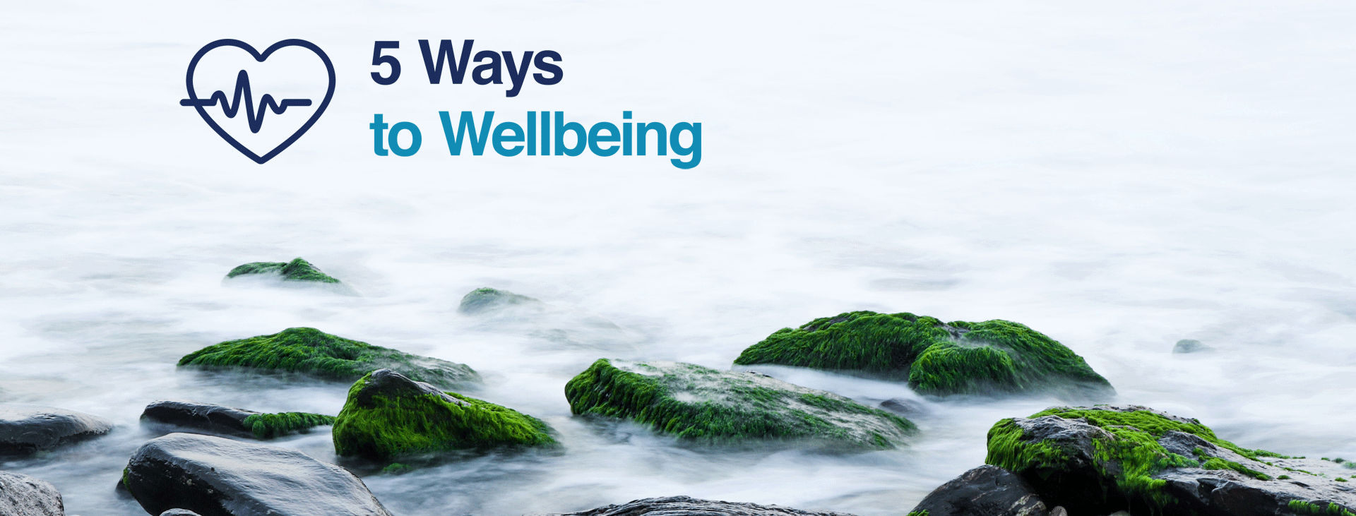 Moss covered rocks in water with 5 ways to wellbeing logo