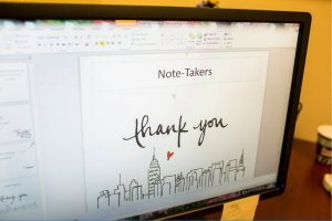Computer screen showing "Note-takers: Thank you"