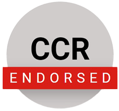 Icon of a circle that has CCR written in the middle with a ribbon with the word endorsed across it.