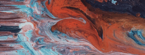 Abstract painting of reds, blues and white