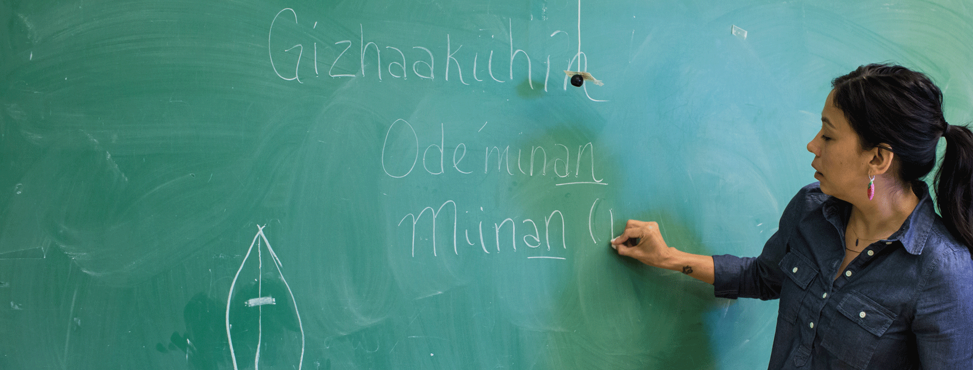 Indigenous instructor writing on chalkboard at First Nations House