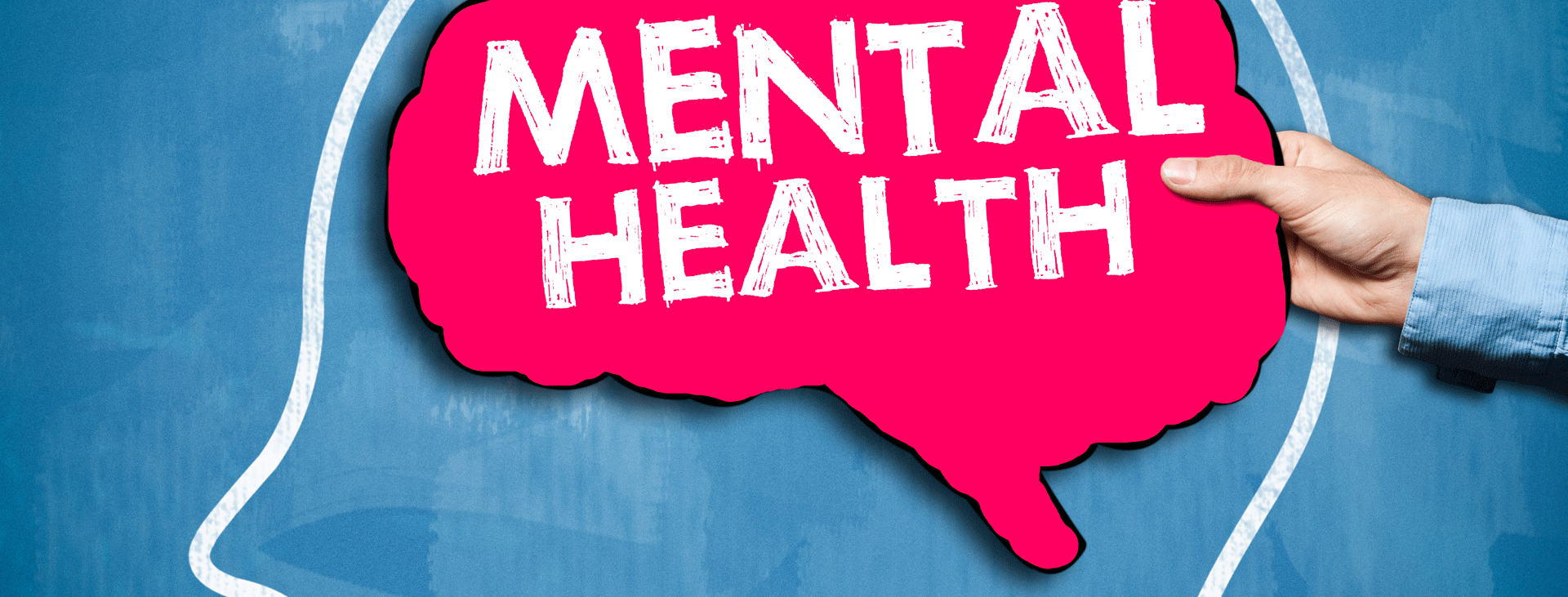 Big pink brain with white print MENTAL HEALTH on blue background - UofT