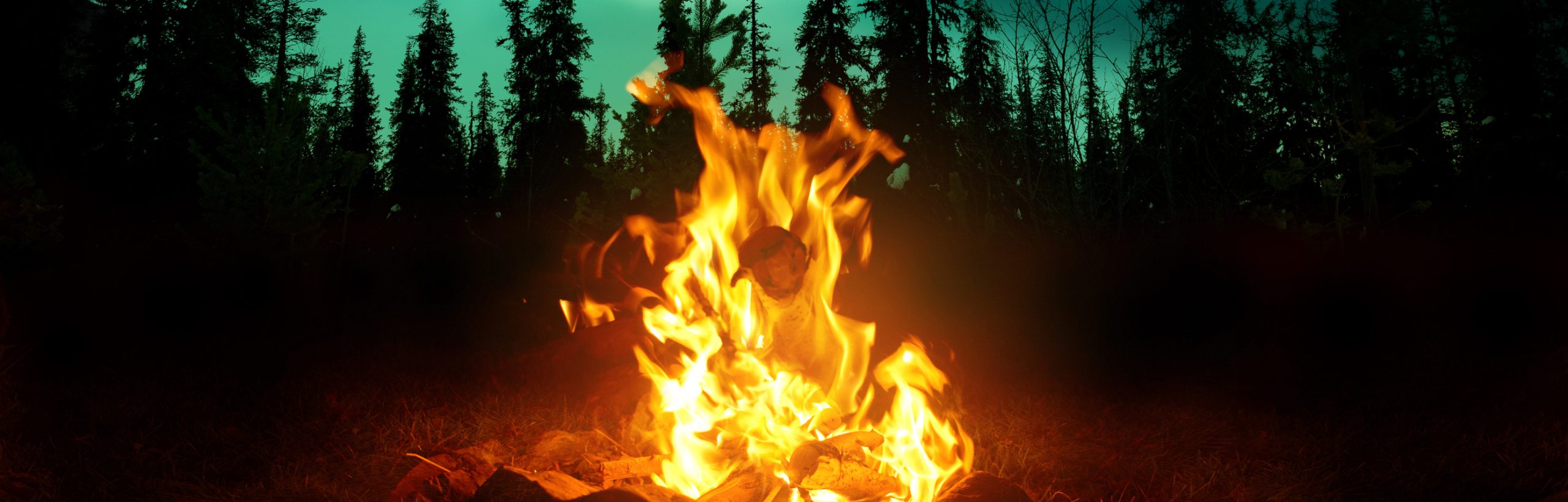 A campfire burns in the foreground of a tree lined, northern lights lit sky at night