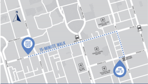 Map showing 15-minute walking from Koffler Student Services Centre on College Street. Go east then turn right on Bay Street. Go south on Bay Street then turn left on Gerrard Street West to find 700 Bay Street.