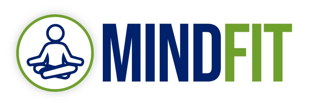 Graphic icon of person sitting cross-legged and meditating next to text MindFIT.