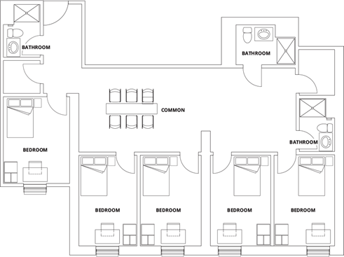 Sample floor plan of a suite style showing 5 bedrooms and 3 bathrooms with a common area in the middle. Each bedroom has a bed, desk and storage unit depicted.